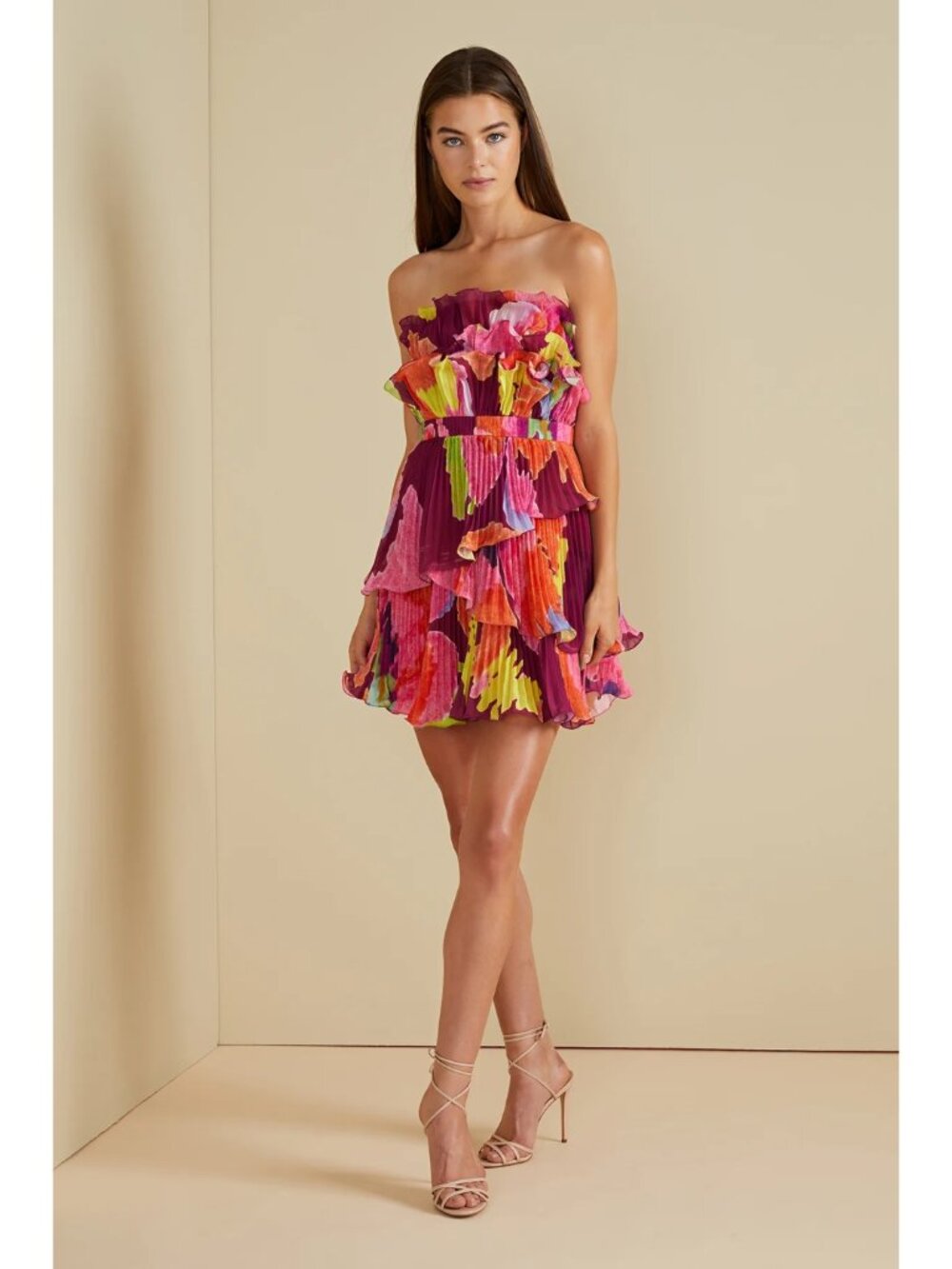 AMUR Massie Strapless Mini Dress Size 4 Purple Floral Pleated Ruffle A-Line - Picture 12 of 14
